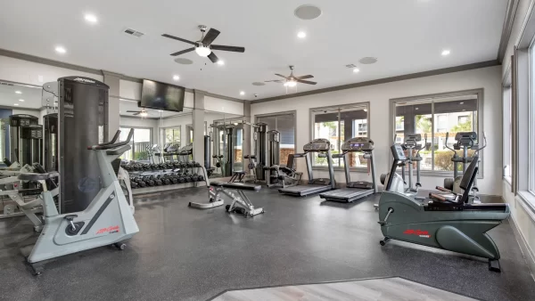 Fully-equipped fitness center with cardio and strengthening equipment including treadmills, ellipticals, stationary bikes, full-body strengthening machines, free weights, and more.