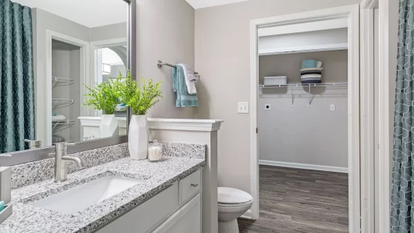 Single vanity bathroom with granite countertops, white cabinets, a large mirror, toilet, and shower bath.